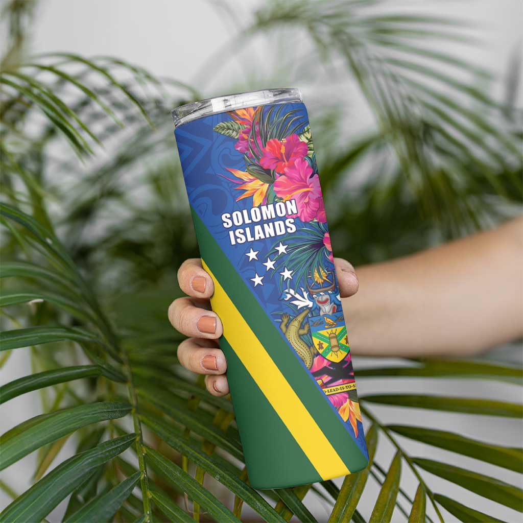 Solomon Islands Independence Day Skinny Tumbler Coat Of Arms With Tropical Flowers LT05 - Polynesian Pride