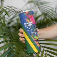 Solomon Islands Independence Day Skinny Tumbler Coat Of Arms With Tropical Flowers LT05 - Polynesian Pride