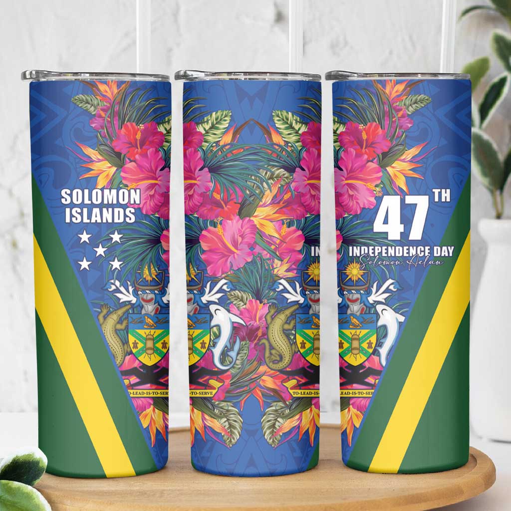 Solomon Islands Independence Day Skinny Tumbler Coat Of Arms With Tropical Flowers LT05 - Polynesian Pride