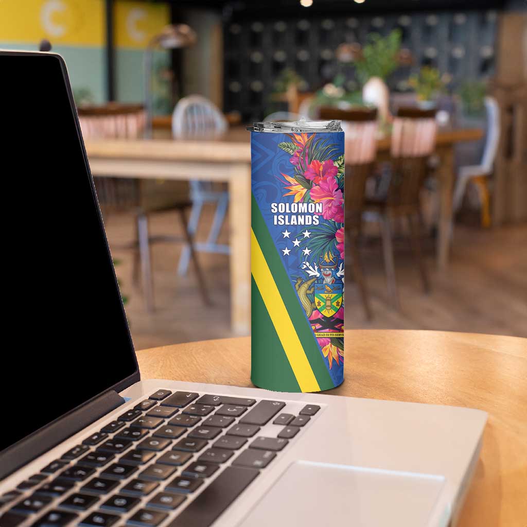 Solomon Islands Independence Day Skinny Tumbler Coat Of Arms With Tropical Flowers LT05 - Polynesian Pride
