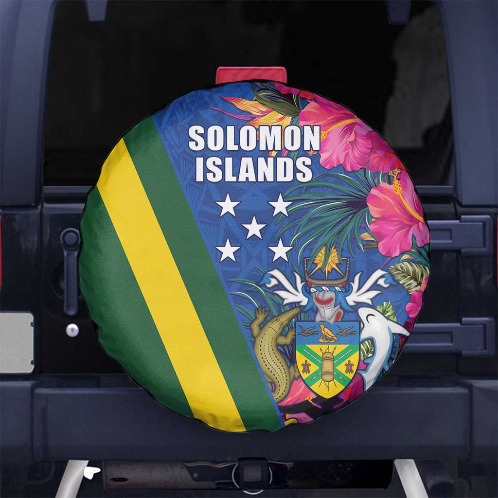 Solomon Islands Independence Day Spare Tire Cover Coat Of Arms With Tropical Flowers LT05 No hole Blue - Polynesian Pride