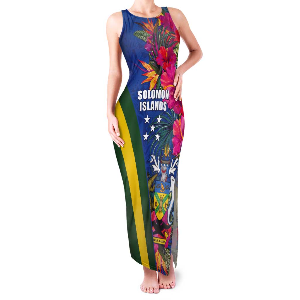 Solomon Islands Independence Day Tank Maxi Dress Coat Of Arms With Tropical Flowers LT05 Women Blue - Polynesian Pride