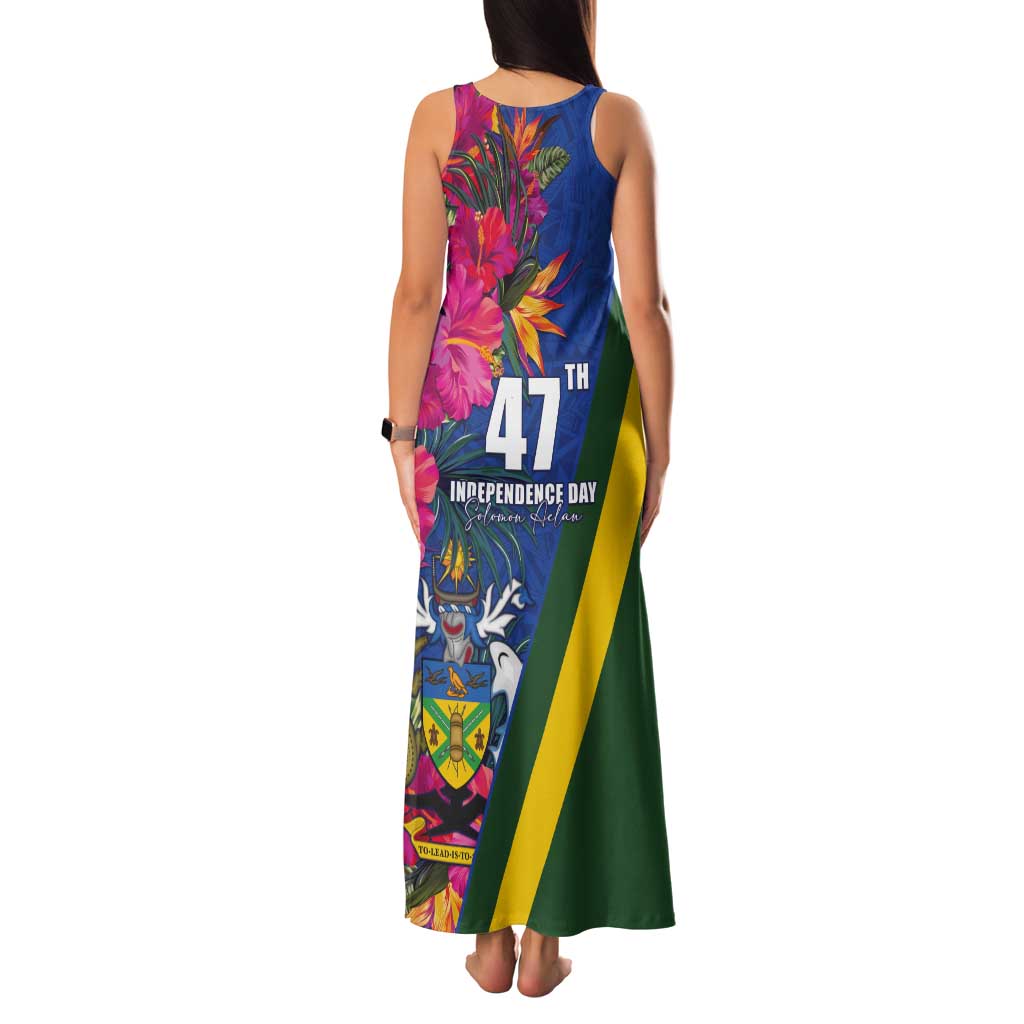 Solomon Islands Independence Day Tank Maxi Dress Coat Of Arms With Tropical Flowers LT05 - Polynesian Pride