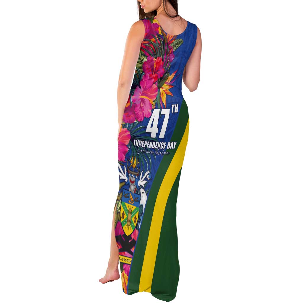 Solomon Islands Independence Day Tank Maxi Dress Coat Of Arms With Tropical Flowers LT05 - Polynesian Pride