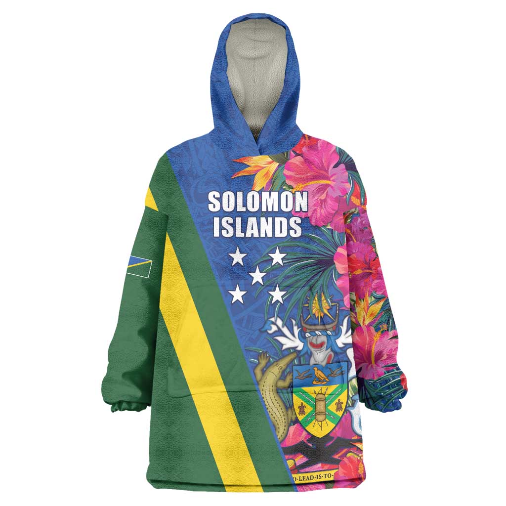 Solomon Islands Independence Day Wearable Blanket Hoodie Coat Of Arms With Tropical Flowers LT05 One Size Blue - Polynesian Pride