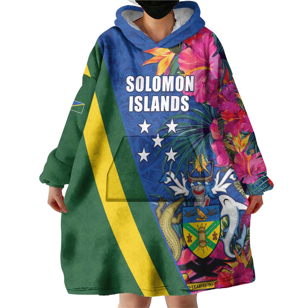Solomon Islands Independence Day Wearable Blanket Hoodie Coat Of Arms With Tropical Flowers LT05 - Polynesian Pride