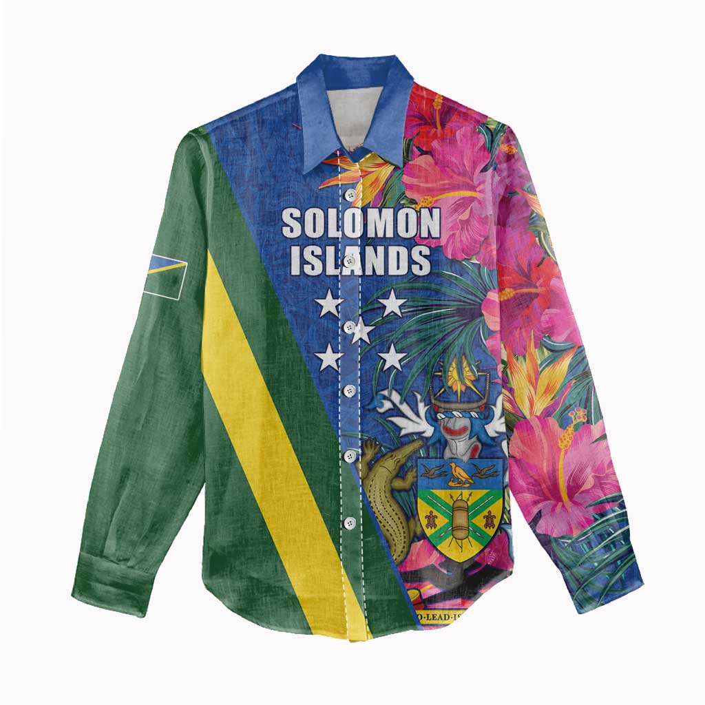 Solomon Islands Independence Day Women Casual Shirt Coat Of Arms With Tropical Flowers LT05 - Polynesian Pride