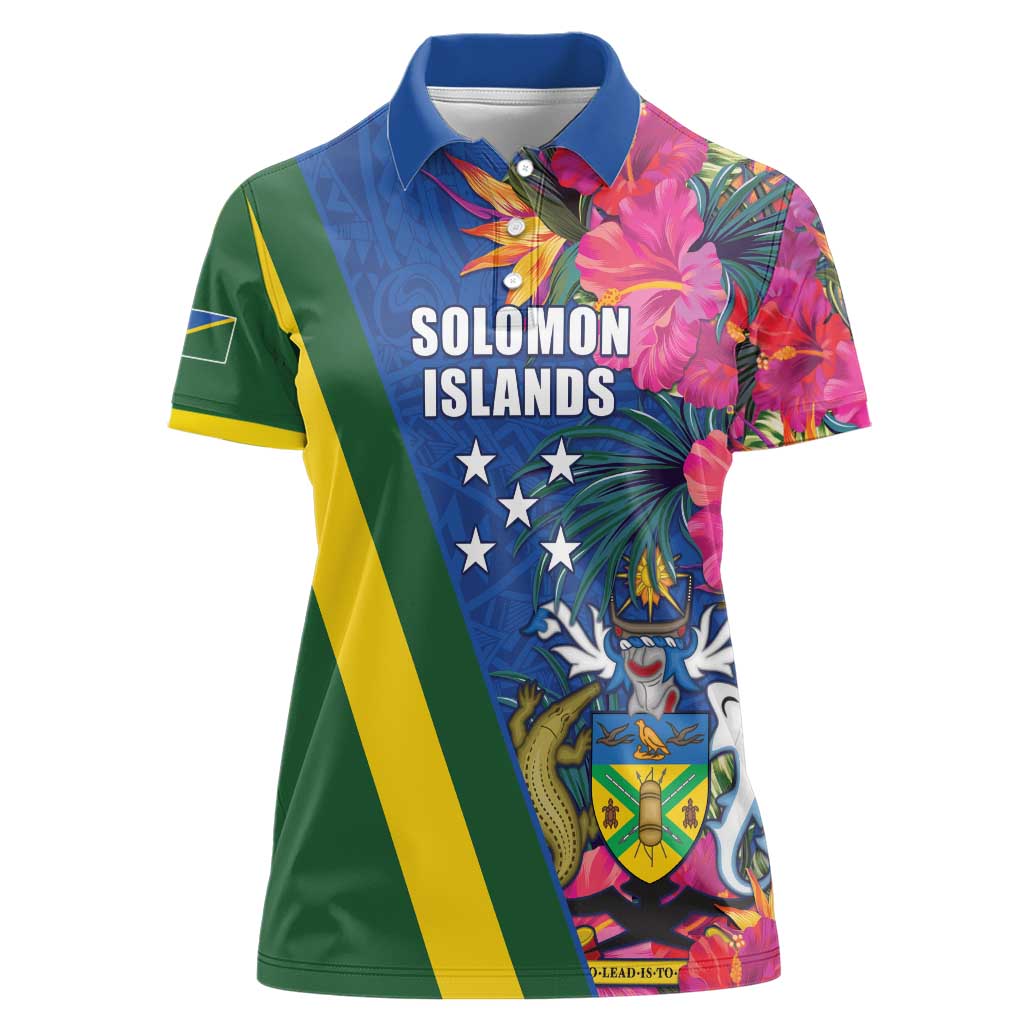Solomon Islands Independence Day Women Polo Shirt Coat Of Arms With Tropical Flowers LT05 Female Blue - Polynesian Pride