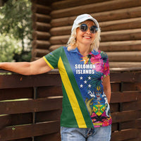 Solomon Islands Independence Day Women Polo Shirt Coat Of Arms With Tropical Flowers LT05 - Polynesian Pride