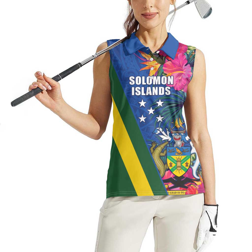 Solomon Islands Independence Day Women Sleeveless Polo Shirt Coat Of Arms With Tropical Flowers LT05 - Polynesian Pride