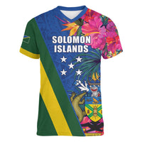 Solomon Islands Independence Day Women V-Neck T-Shirt Coat Of Arms With Tropical Flowers LT05 Female Blue - Polynesian Pride