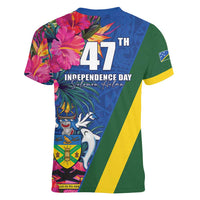 Solomon Islands Independence Day Women V-Neck T-Shirt Coat Of Arms With Tropical Flowers LT05 - Polynesian Pride