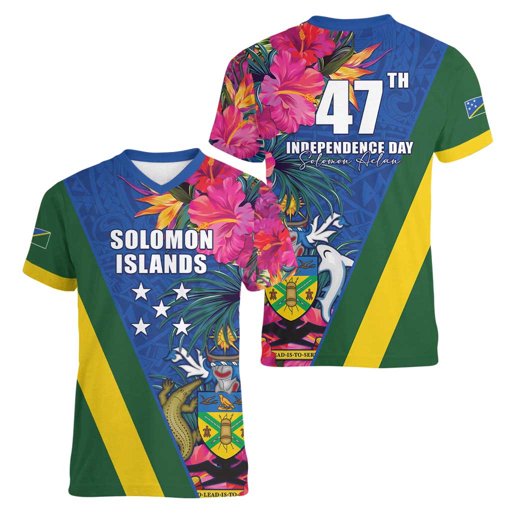 Solomon Islands Independence Day Women V-Neck T-Shirt Coat Of Arms With Tropical Flowers LT05 - Polynesian Pride