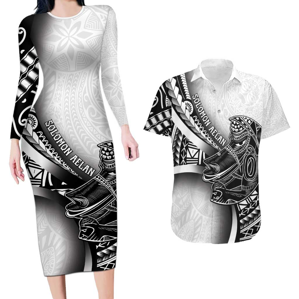 Solomon Islands Nguzunguzu Couples Matching Long Sleeve Bodycon Dress and Hawaiian Shirt Polynesian Tribal Pattern LT05 White - Polynesian Pride