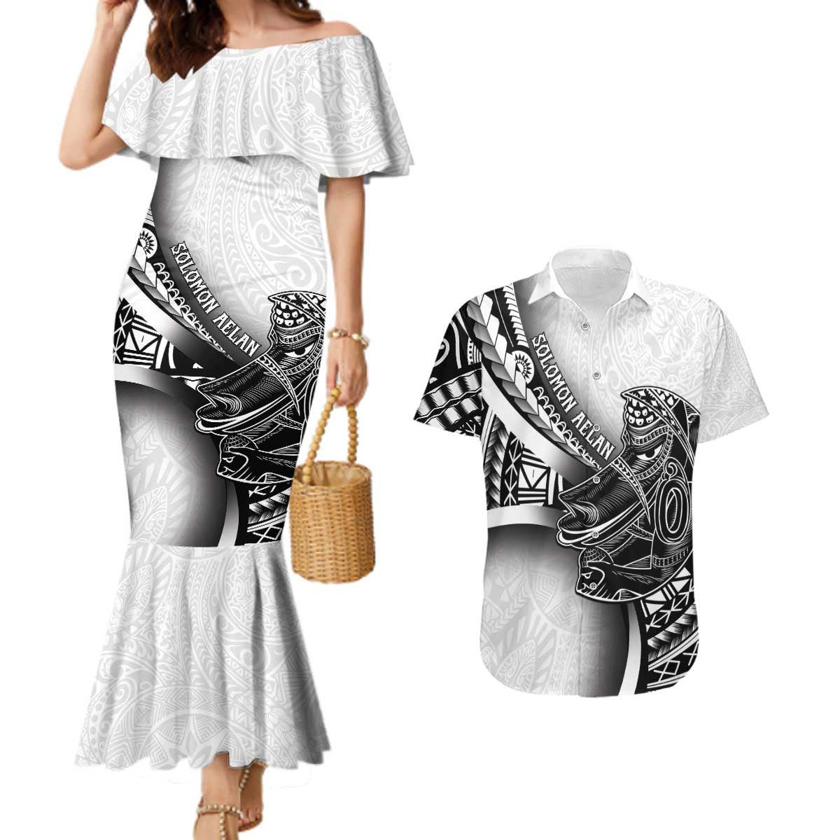 Solomon Islands Nguzunguzu Couples Matching Mermaid Dress and Hawaiian Shirt Polynesian Tribal Pattern LT05 White - Polynesian Pride