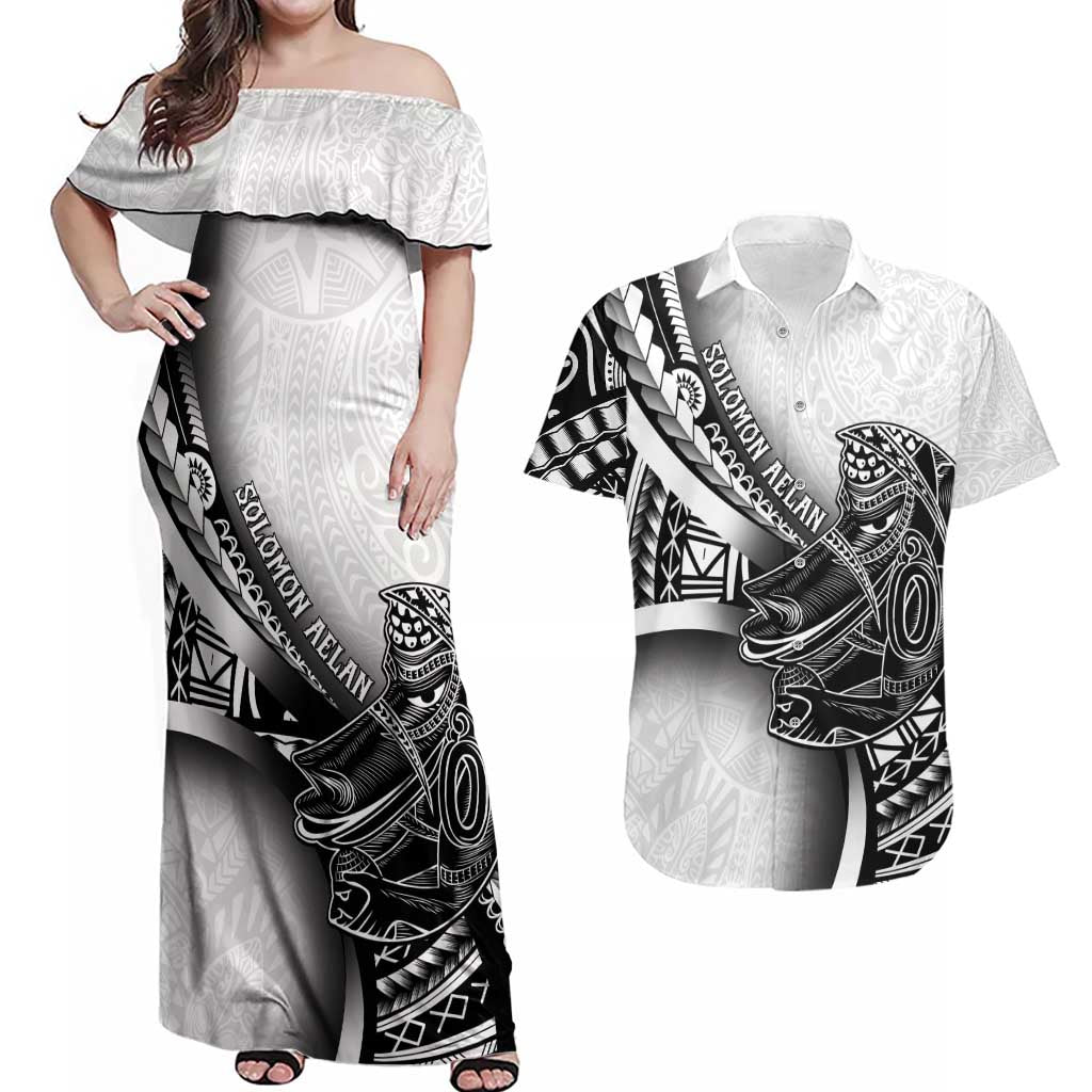 Solomon Islands Nguzunguzu Couples Matching Off Shoulder Maxi Dress and Hawaiian Shirt Polynesian Tribal Pattern LT05 White - Polynesian Pride
