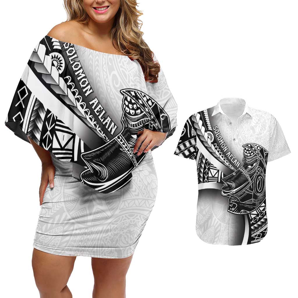 Solomon Islands Nguzunguzu Couples Matching Off Shoulder Short Dress and Hawaiian Shirt Polynesian Tribal Pattern LT05 White - Polynesian Pride