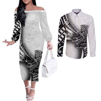 Solomon Islands Nguzunguzu Couples Matching Off The Shoulder Long Sleeve Dress and Long Sleeve Button Shirt Polynesian Tribal Pattern LT05 White - Polynesian Pride