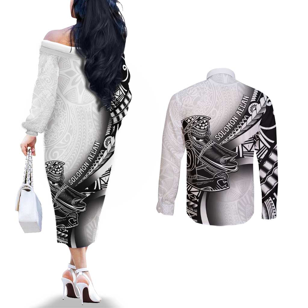 Solomon Islands Nguzunguzu Couples Matching Off The Shoulder Long Sleeve Dress and Long Sleeve Button Shirt Polynesian Tribal Pattern LT05 - Polynesian Pride