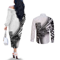 Solomon Islands Nguzunguzu Couples Matching Off The Shoulder Long Sleeve Dress and Long Sleeve Button Shirt Polynesian Tribal Pattern LT05 - Polynesian Pride