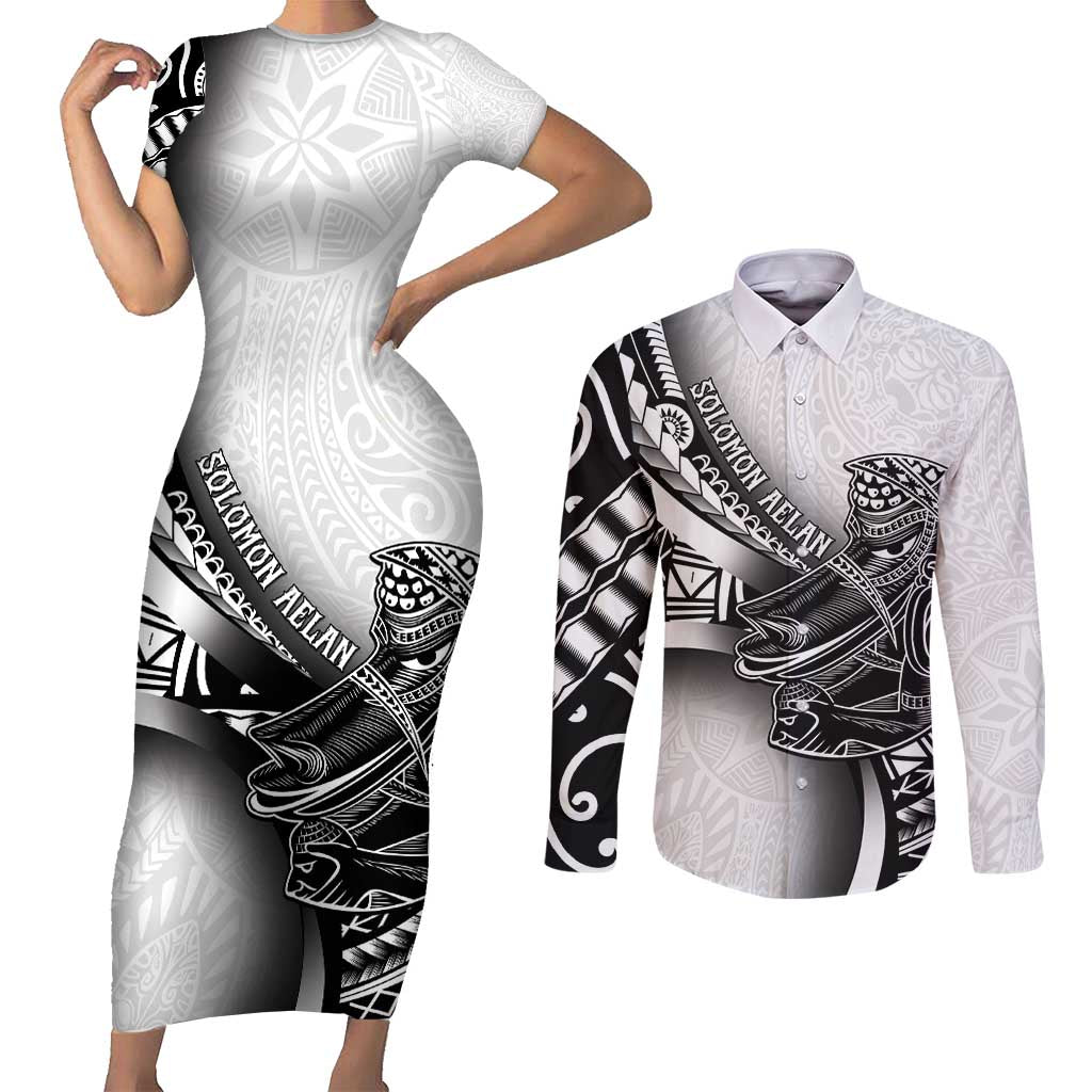Solomon Islands Nguzunguzu Couples Matching Short Sleeve Bodycon Dress and Long Sleeve Button Shirt Polynesian Tribal Pattern LT05 White - Polynesian Pride