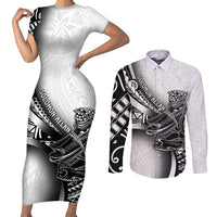 Solomon Islands Nguzunguzu Couples Matching Short Sleeve Bodycon Dress and Long Sleeve Button Shirt Polynesian Tribal Pattern LT05 White - Polynesian Pride
