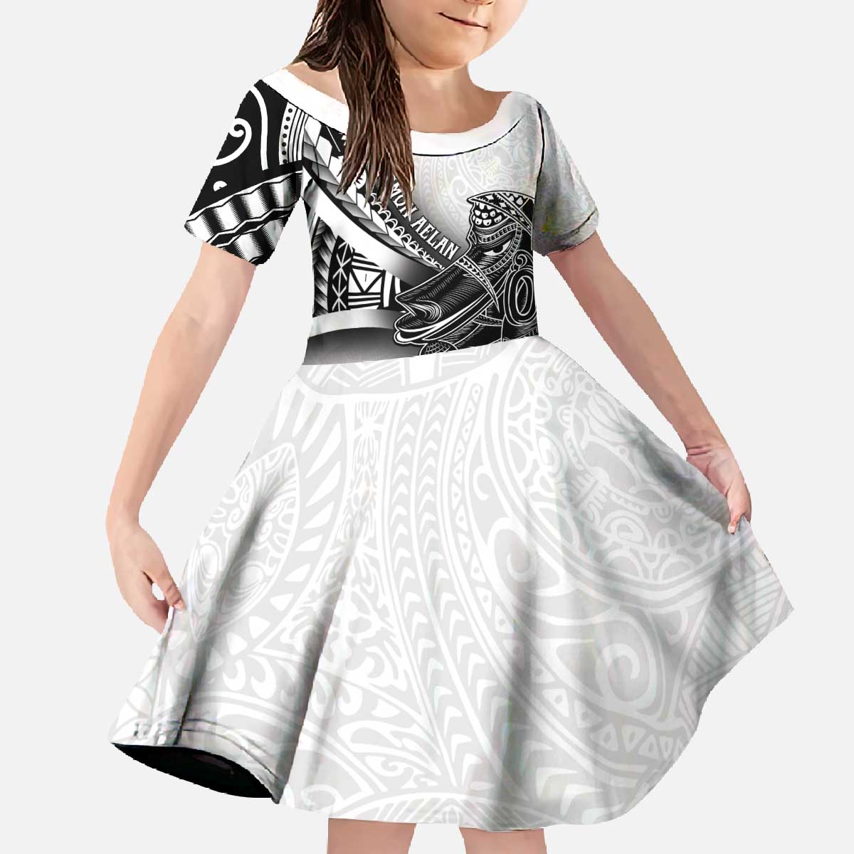 Solomon Islands Nguzunguzu Family Matching Off The Shoulder Long Sleeve Dress and Hawaiian Shirt Polynesian Tribal Pattern LT05 Daughter's Dress White - Polynesian Pride