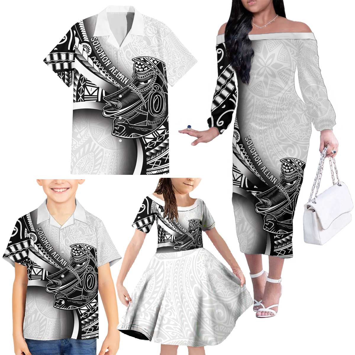 Solomon Islands Nguzunguzu Family Matching Off The Shoulder Long Sleeve Dress and Hawaiian Shirt Polynesian Tribal Pattern