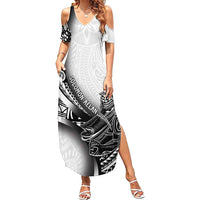 Solomon Islands Nguzunguzu Family Matching Summer Maxi Dress and Hawaiian Shirt Polynesian Tribal Pattern LT05 Mom's Dress White - Polynesian Pride