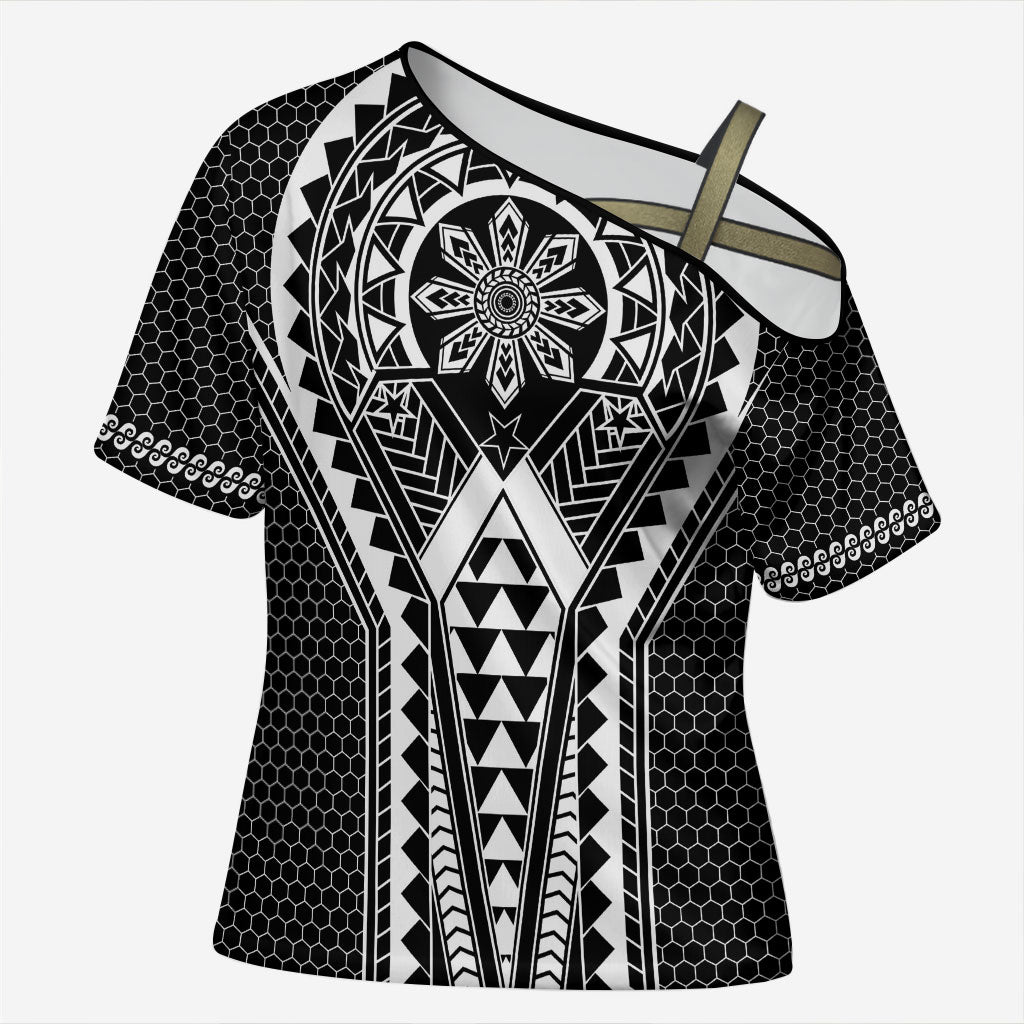 Philippines Batok Tribal Inspired Tattoo Black Cross Shoulder Shirt LT05 Female Black - Polynesian Pride