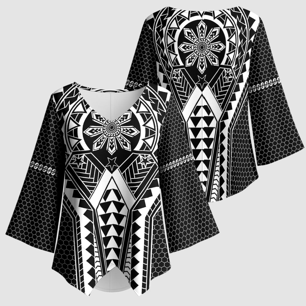 Philippines Batok Tribal Inspired Tattoo Black Kimono Sleeve Blouse LT05 - Polynesian Pride