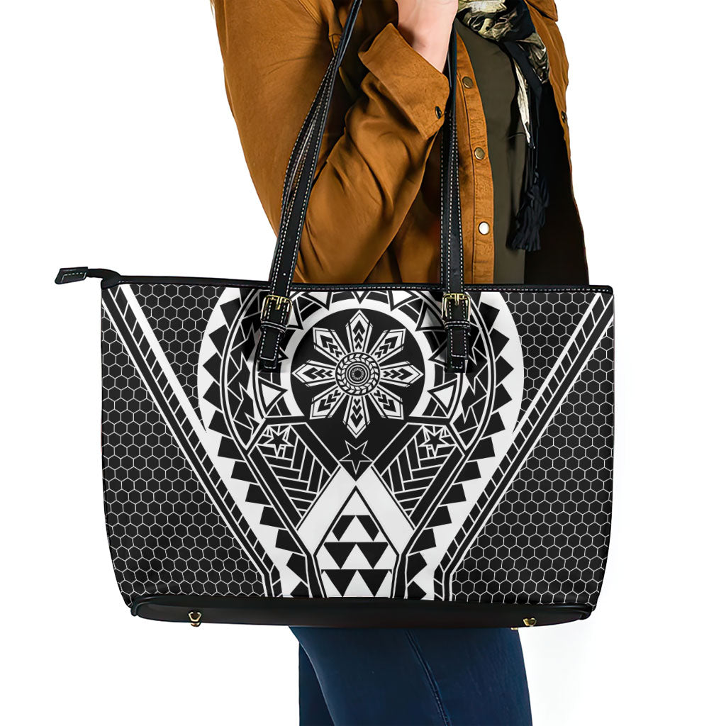 Philippines Batok Tribal Inspired Tattoo Black Leather Tote Bag LT05 - Polynesian Pride