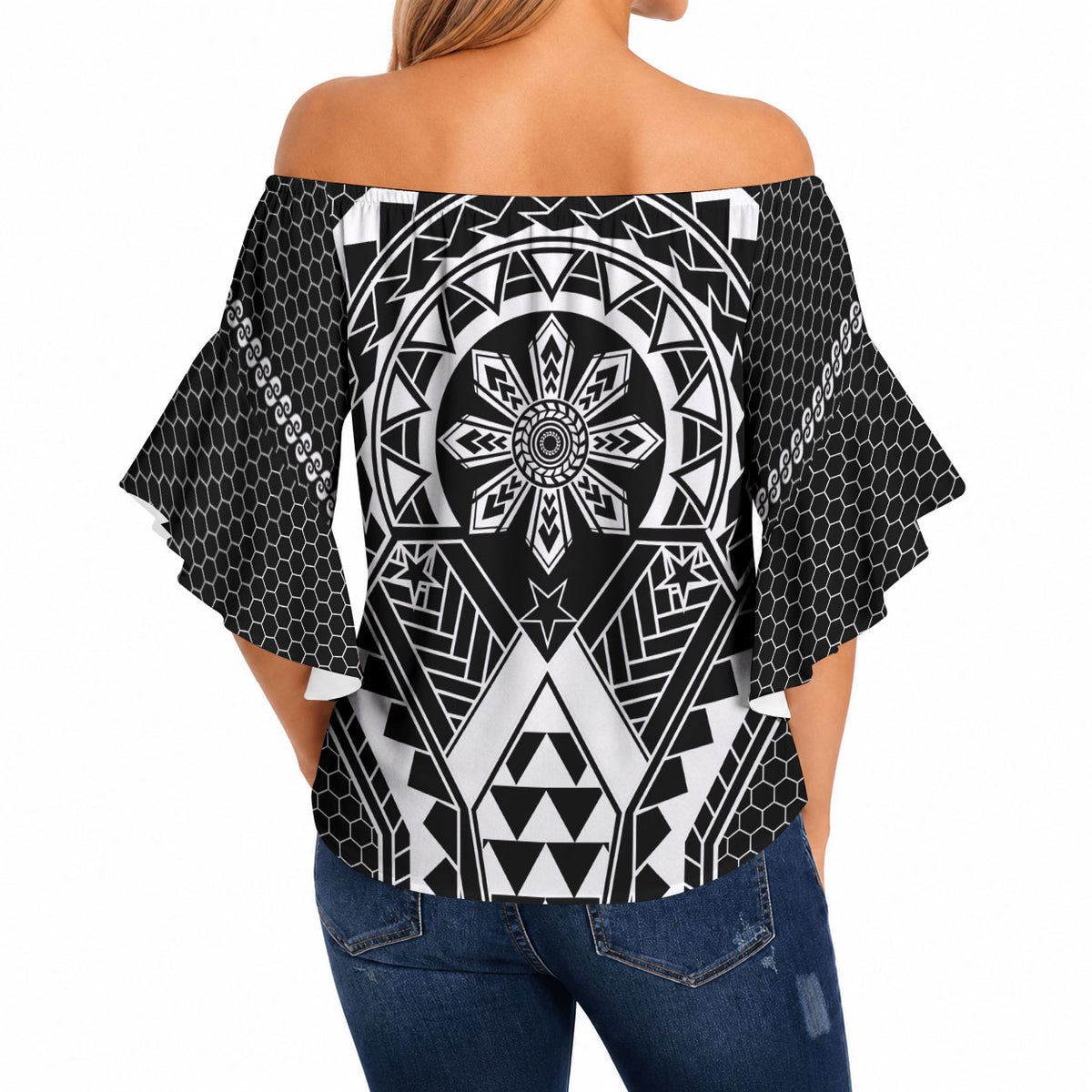 Philippines Batok Tribal Inspired Tattoo Black Off Shoulder Wrap Waist Top LT05 - Polynesian Pride