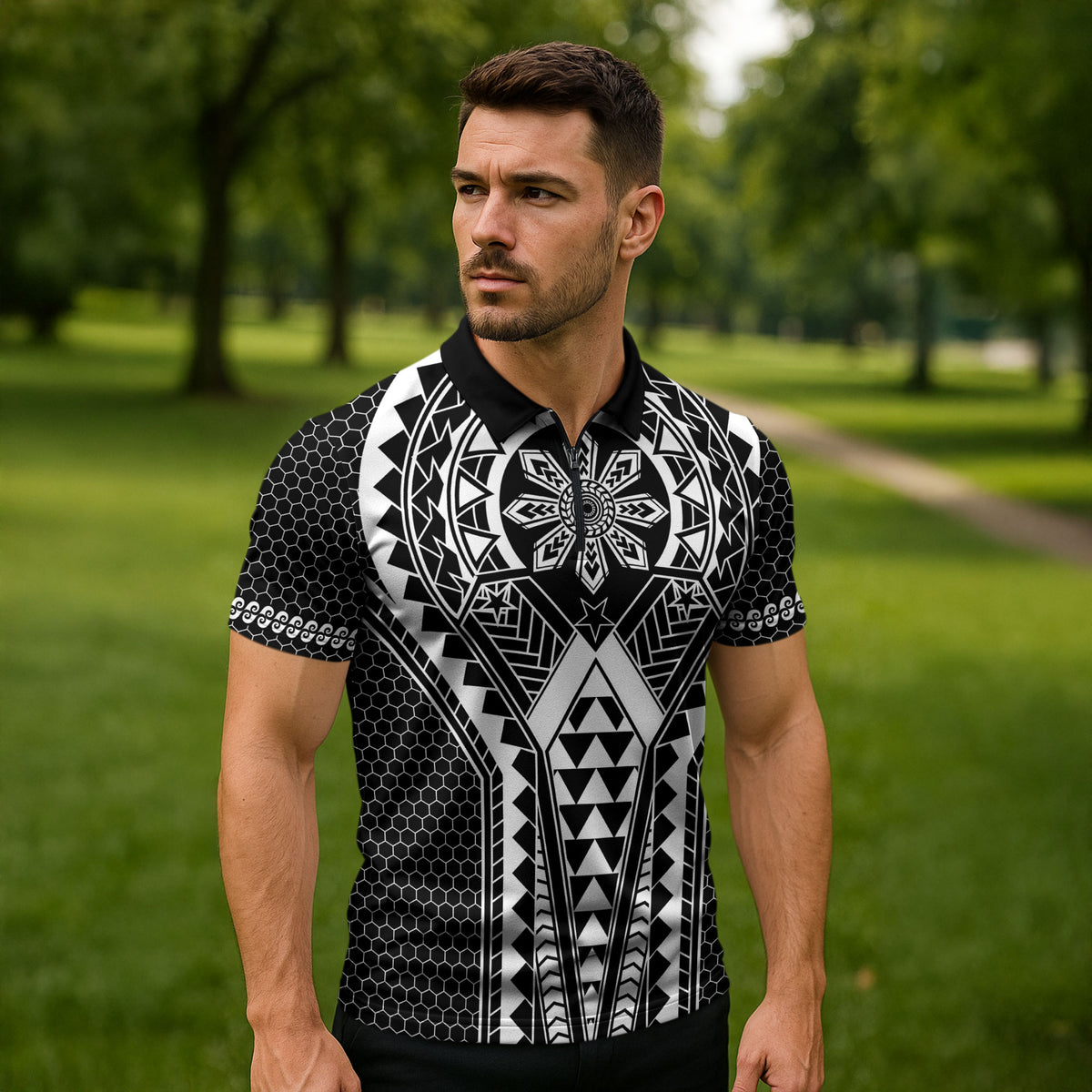 Philippines Batok Tribal Inspired Tattoo Black Zipper Polo Shirt LT05 - Polynesian Pride