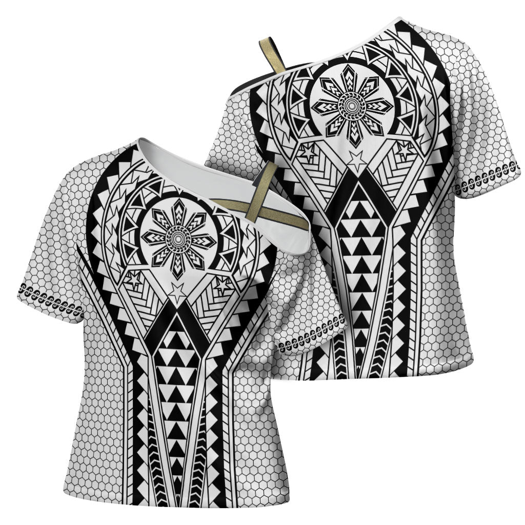 Philippines Batok Tribal Inspired Tattoo White Cross Shoulder Shirt LT05 - Polynesian Pride