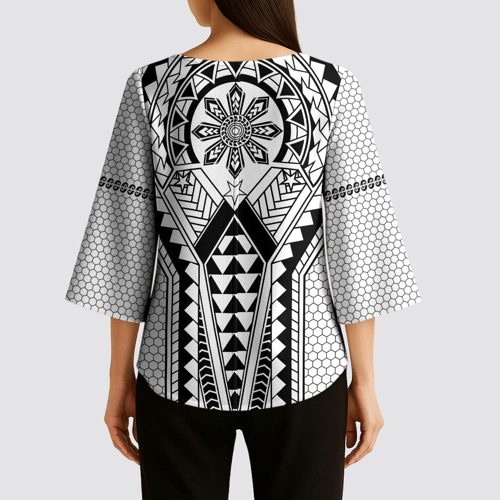 Philippines Batok Tribal Inspired Tattoo White Kimono Sleeve Blouse LT05 - Polynesian Pride