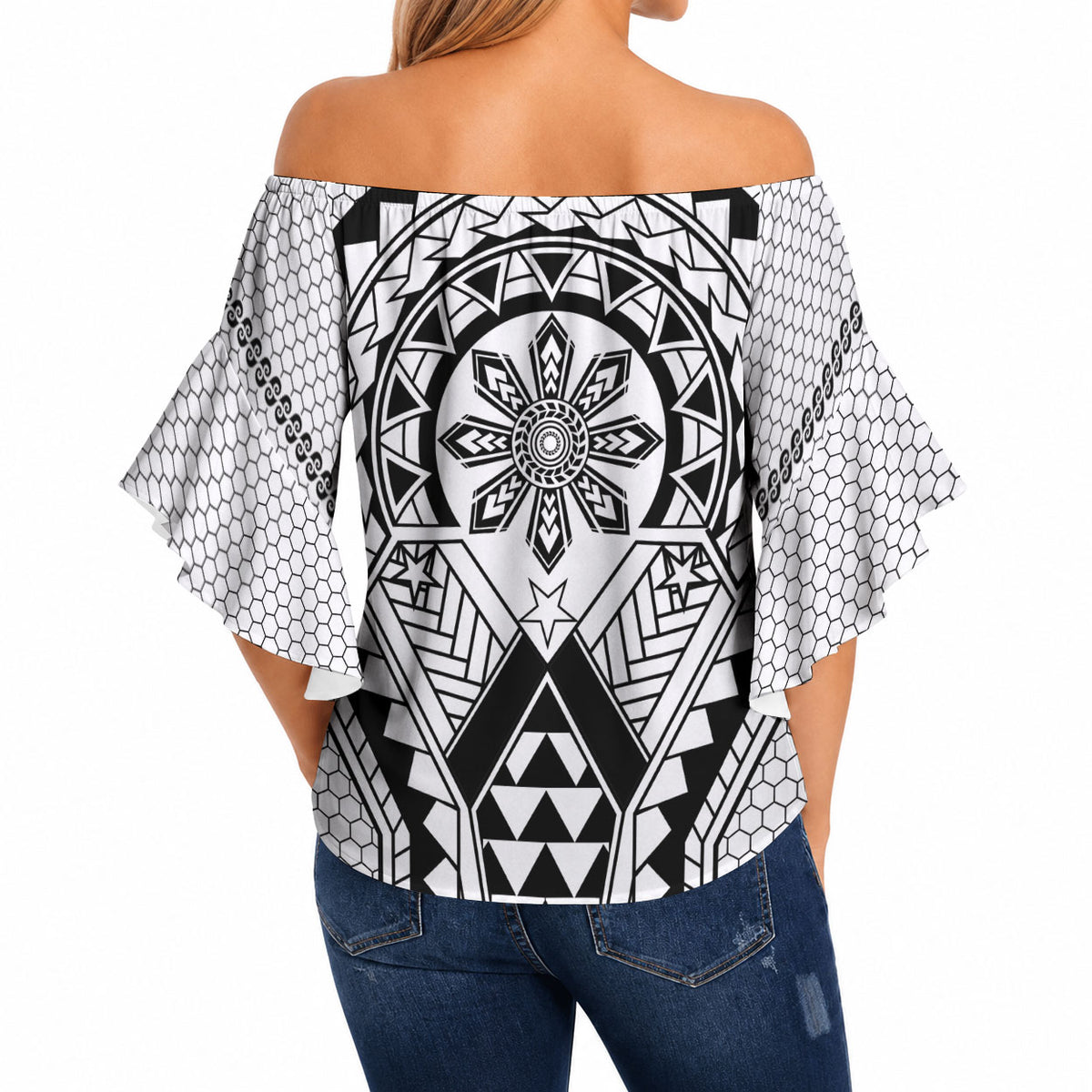 Philippines Batok Tribal Inspired Tattoo White Off Shoulder Wrap Waist Top LT05 - Polynesian Pride