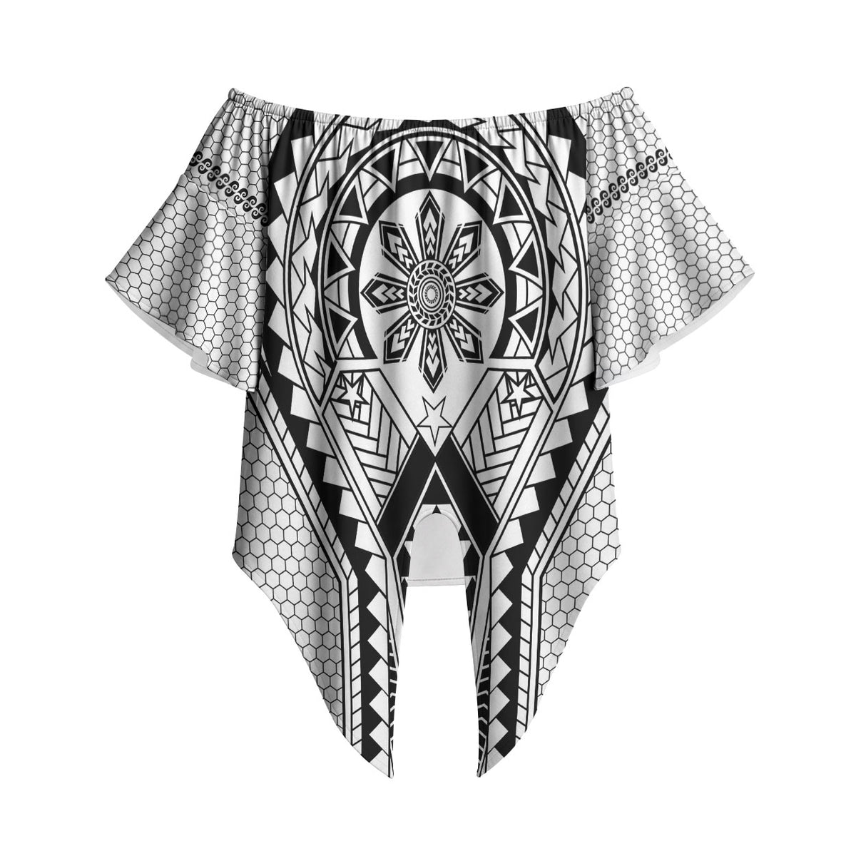 Philippines Batok Tribal Inspired Tattoo White Off Shoulder Wrap Waist Top LT05 - Polynesian Pride