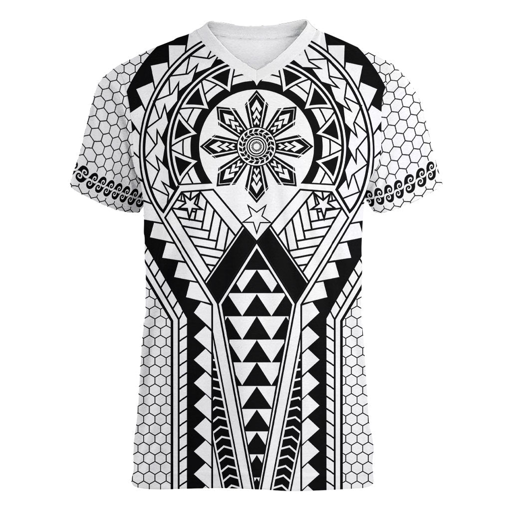 Philippines Batok Tribal Inspired Tattoo White Women V-Neck T-Shirt LT05 Female White - Polynesian Pride
