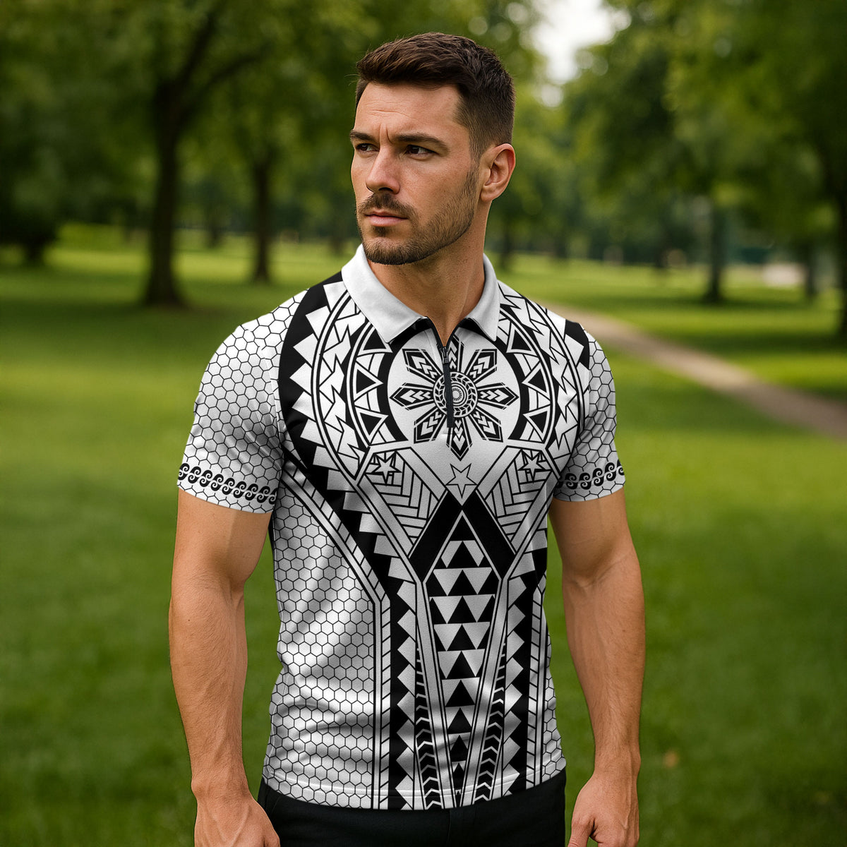Philippines Batok Tribal Inspired Tattoo White Zipper Polo Shirt LT05 - Polynesian Pride