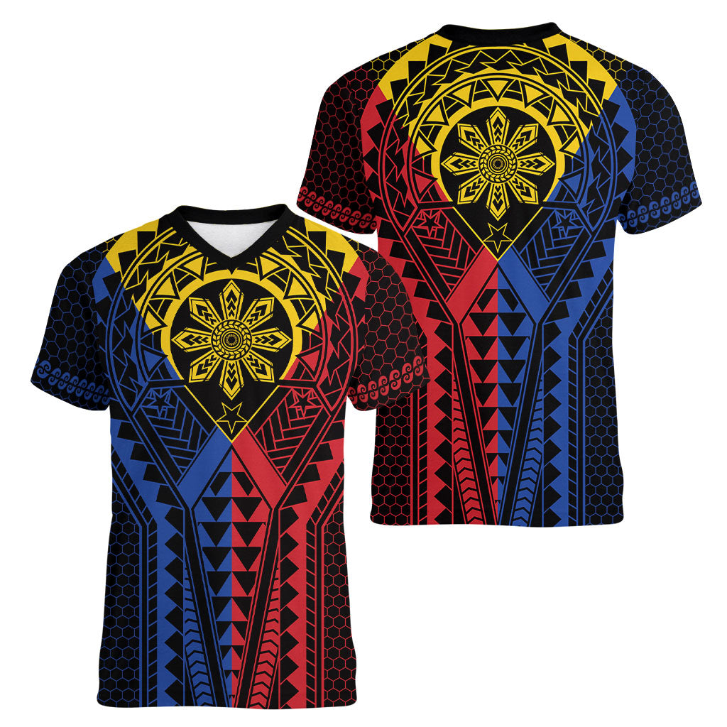 Philippines Batok Tribal Inspired Tattoo Women V-Neck T-Shirt LT05 - Polynesian Pride