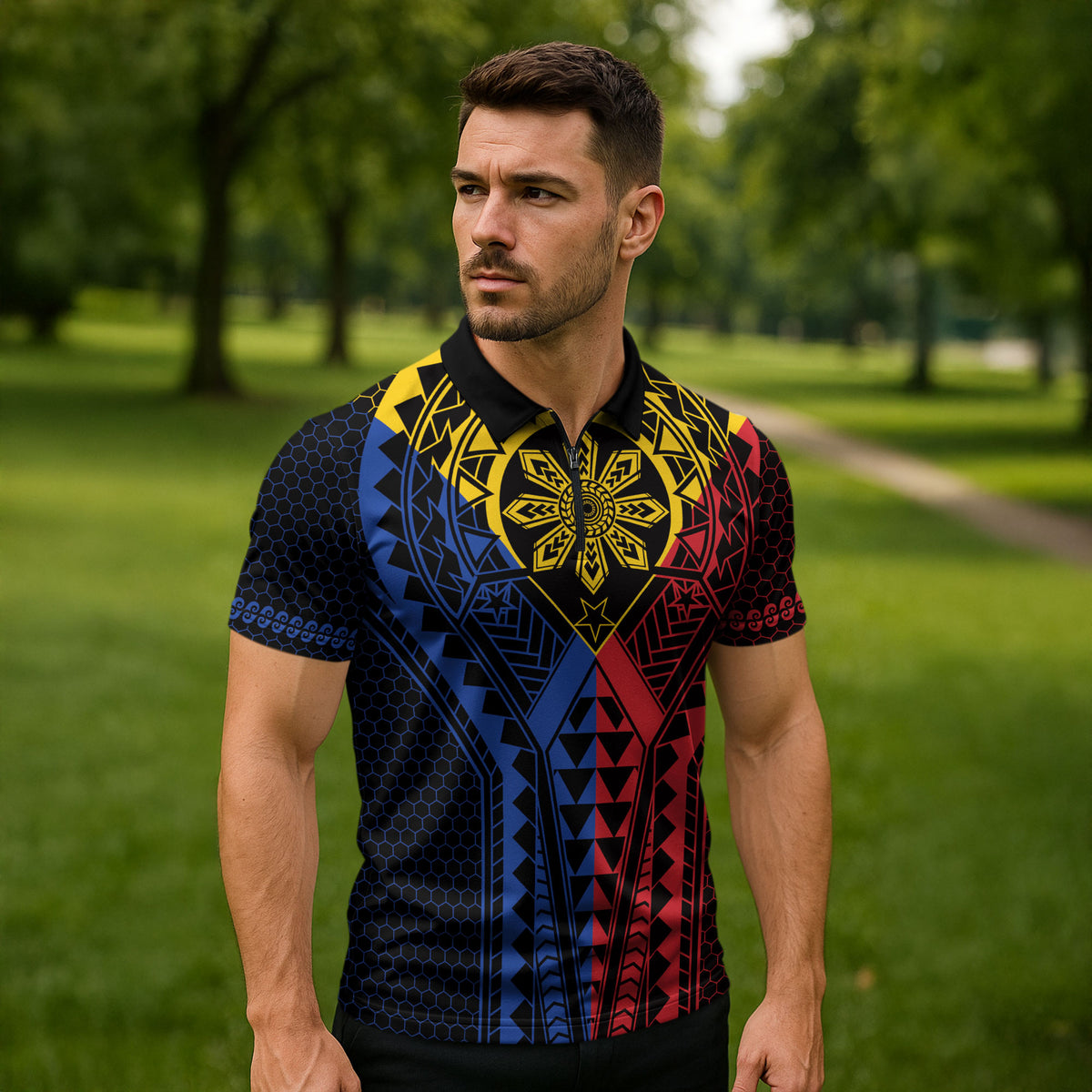 Philippines Batok Tribal Inspired Tattoo Zipper Polo Shirt LT05 - Polynesian Pride