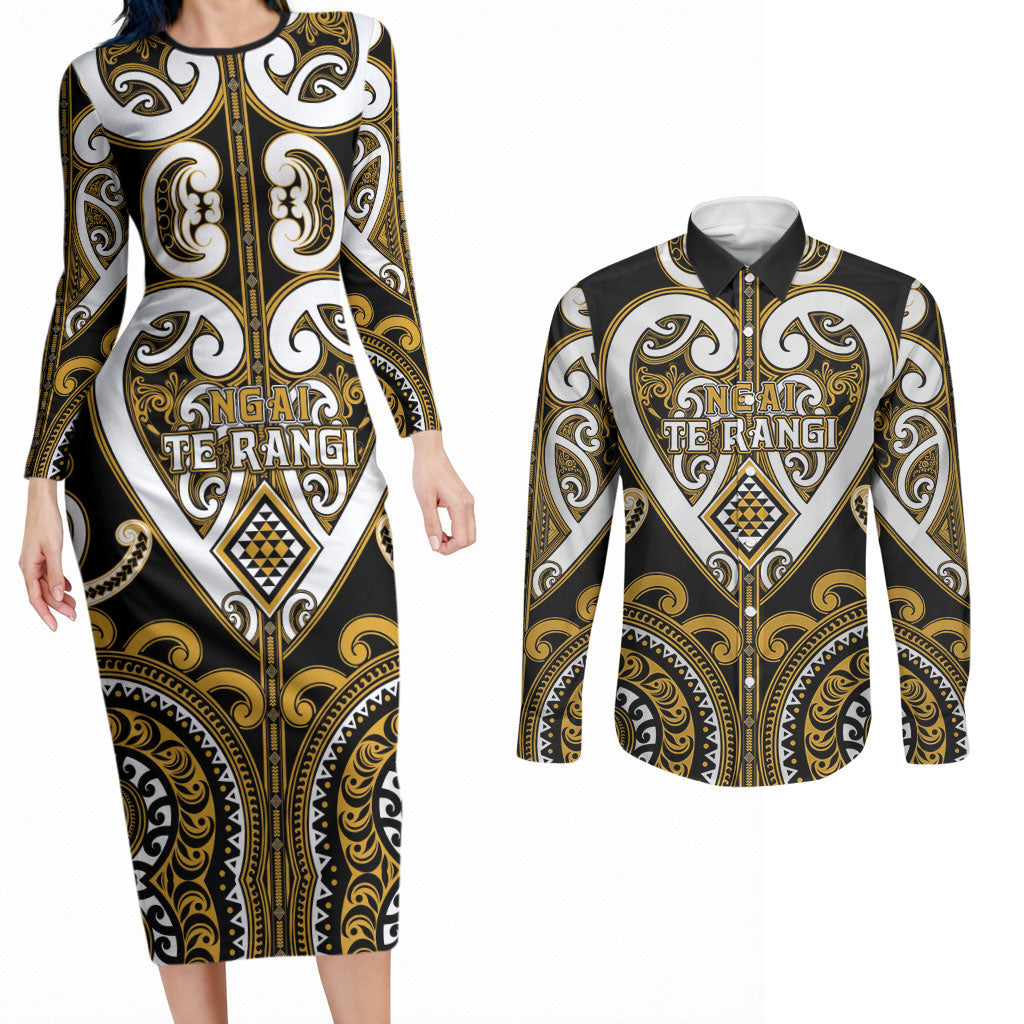 Custom Aotearoa Ngai Te Rangi Couples Matching Long Sleeve Bodycon Dress and Long Sleeve Button Shirt Maori Tribal Pattern LT05 Gold - Polynesian Pride