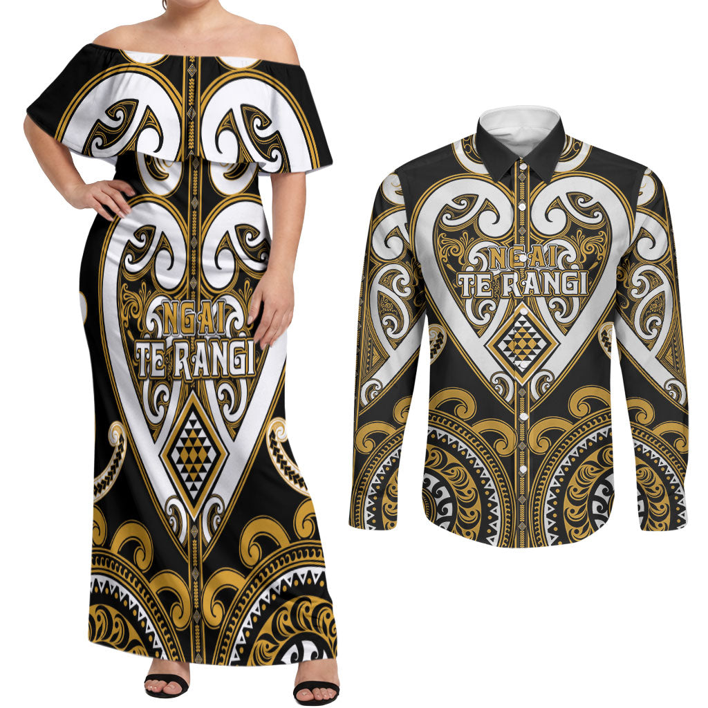 Custom Aotearoa Ngai Te Rangi Couples Matching Off Shoulder Maxi Dress and Long Sleeve Button Shirt Maori Tribal Pattern LT05 Gold - Polynesian Pride