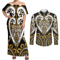 Custom Aotearoa Ngai Te Rangi Couples Matching Off Shoulder Maxi Dress and Long Sleeve Button Shirt Maori Tribal Pattern LT05 Gold - Polynesian Pride