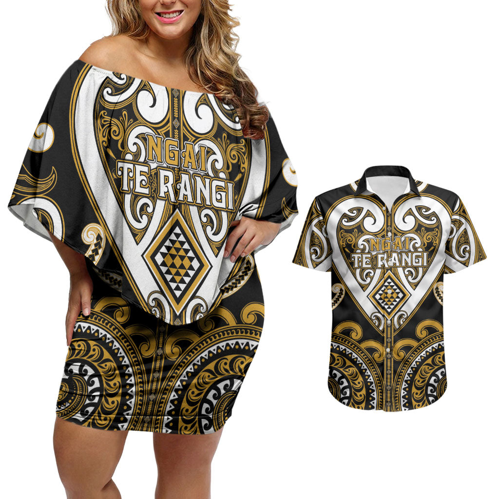 Custom Aotearoa Ngai Te Rangi Couples Matching Off Shoulder Short Dress and Hawaiian Shirt Maori Tribal Pattern LT05 Gold - Polynesian Pride