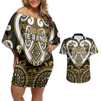 Custom Aotearoa Ngai Te Rangi Couples Matching Off Shoulder Short Dress and Hawaiian Shirt Maori Tribal Pattern LT05 Gold - Polynesian Pride