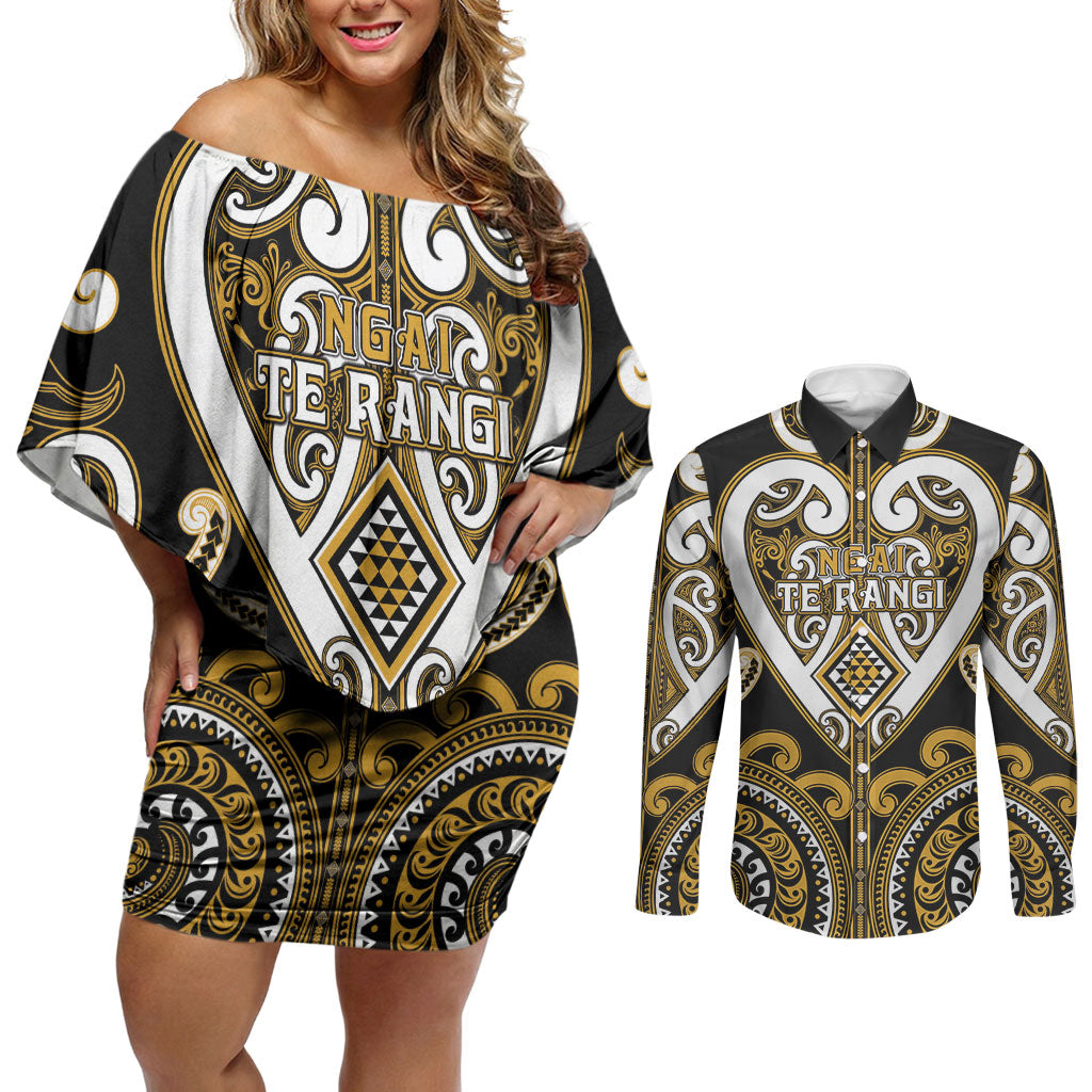 Custom Aotearoa Ngai Te Rangi Couples Matching Off Shoulder Short Dress and Long Sleeve Button Shirt Maori Tribal Pattern LT05 Gold - Polynesian Pride