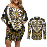 Custom Aotearoa Ngai Te Rangi Couples Matching Off Shoulder Short Dress and Long Sleeve Button Shirt Maori Tribal Pattern LT05 Gold - Polynesian Pride