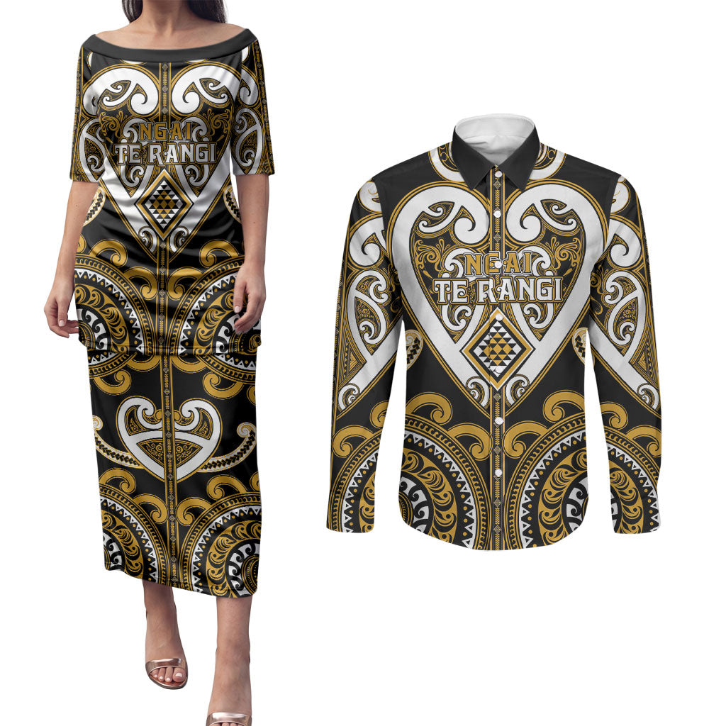 Custom Aotearoa Ngai Te Rangi Couples Matching Puletasi and Long Sleeve Button Shirt Maori Tribal Pattern LT05 Gold - Polynesian Pride